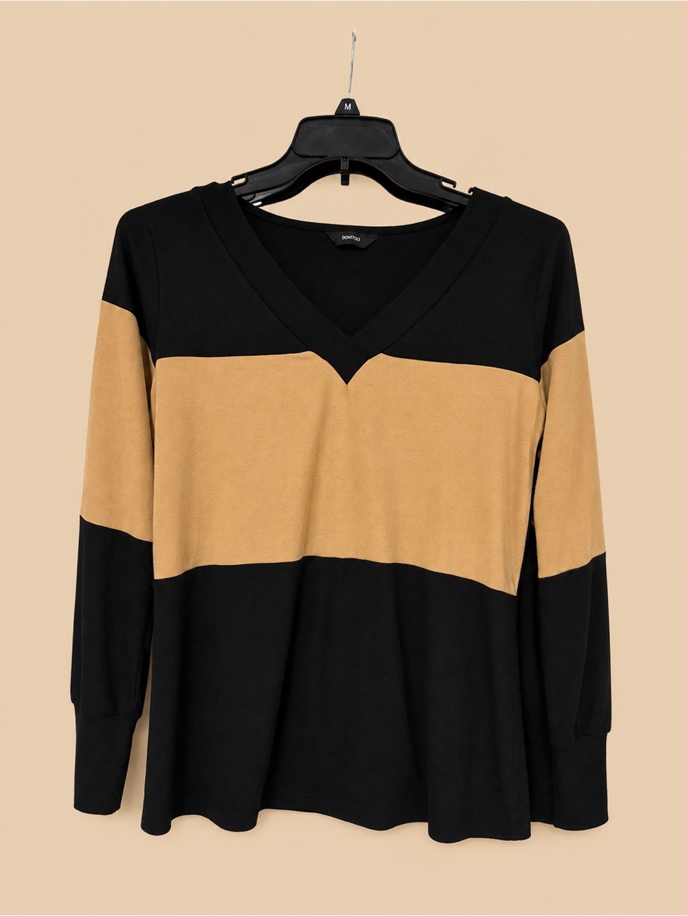 Women’s Black and Camel V-Neck Stripe Long-Sleeve Top